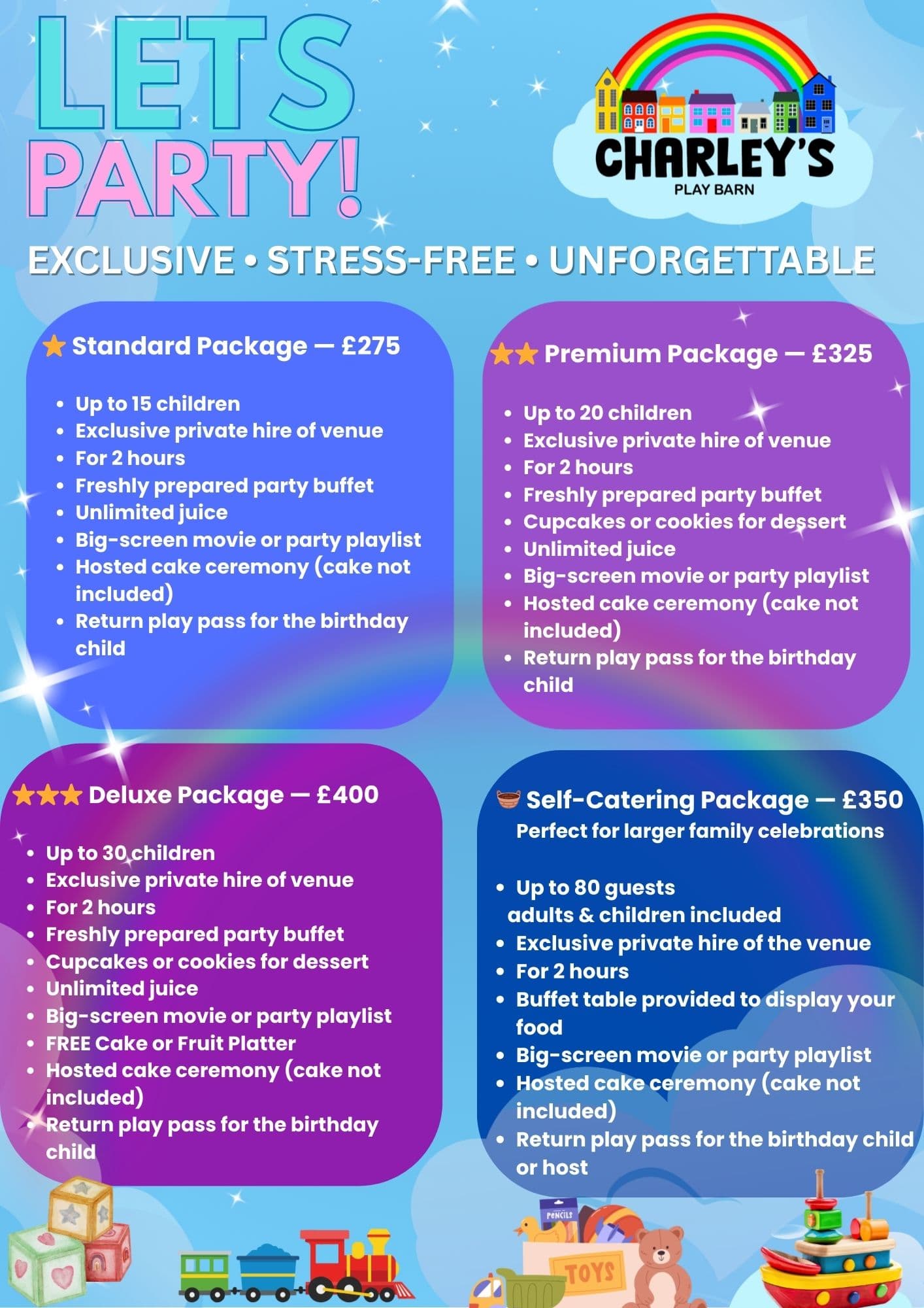 Charley's Play Barn party packages 2026